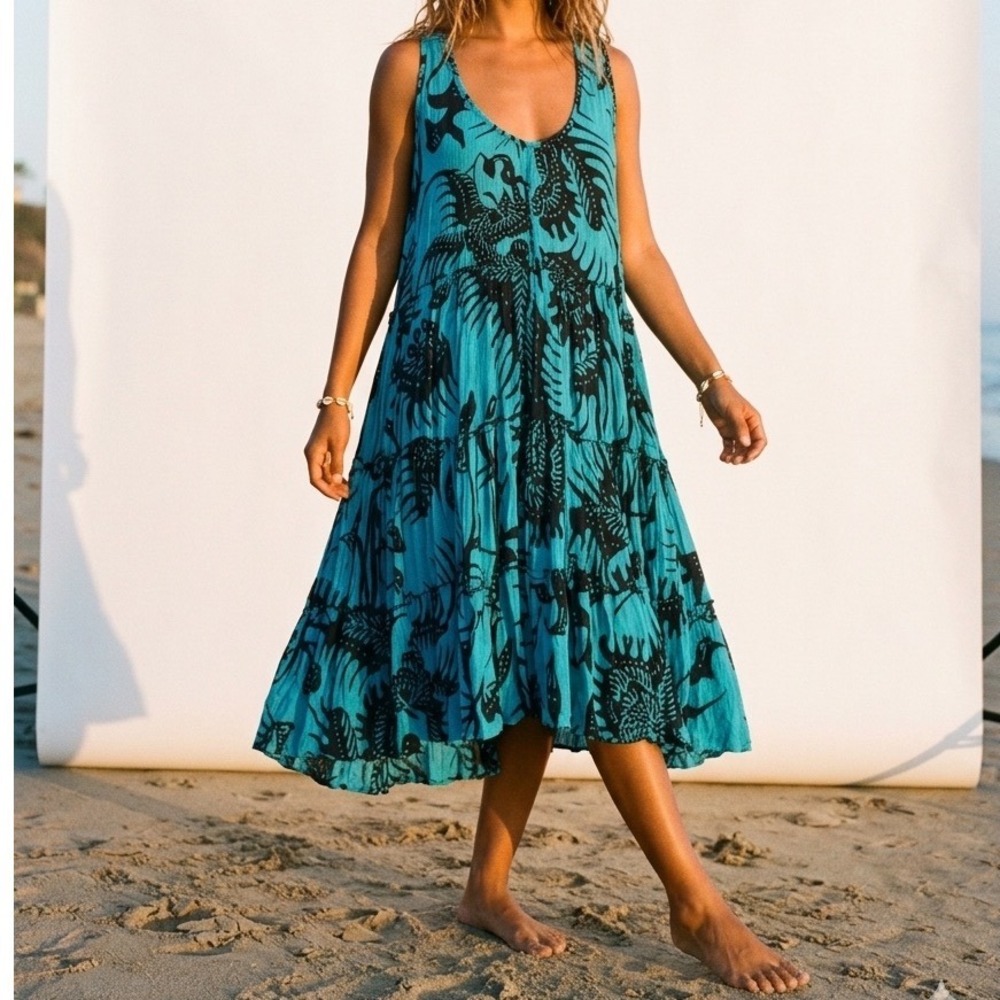 San Lorenzo-Ibiza Luna May‎ Turquoise Black Batik Tiered Dress Beach Cover-up